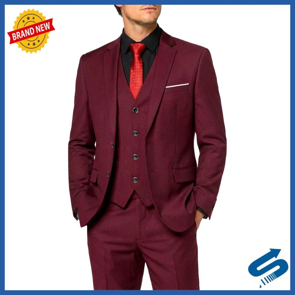 Slim Fit 3-Piece Suit with Tie, Blazer Vest Pants, Business Wedding